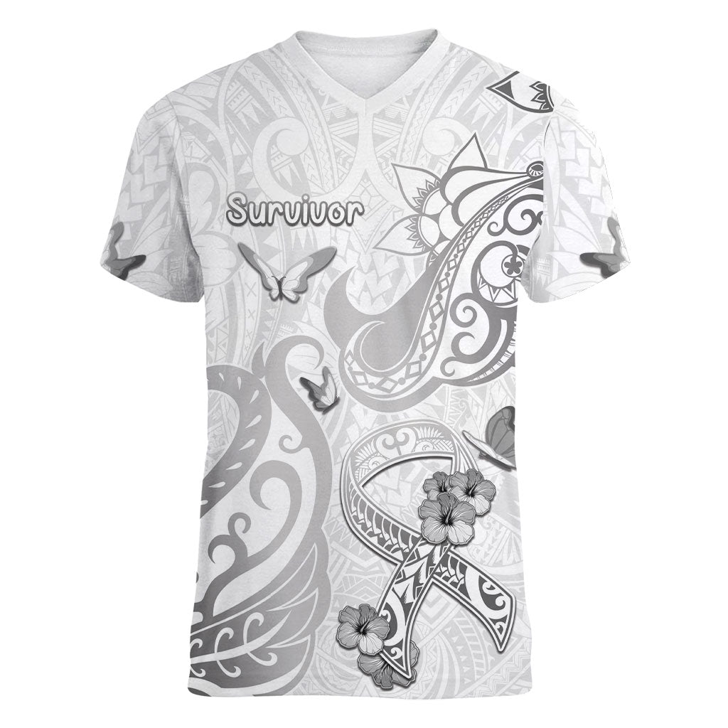Personalised Brain Cancer Support Women V-Neck T-Shirt Ribbon Polynesian Pattern