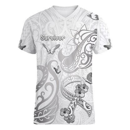 Personalised Brain Cancer Support Women V-Neck T-Shirt Ribbon Polynesian Pattern