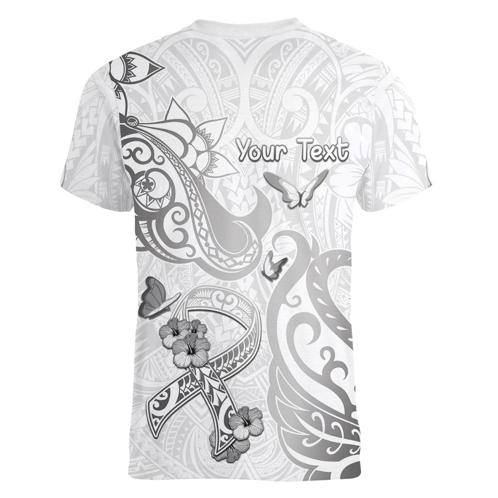 Personalised Brain Cancer Support Women V-Neck T-Shirt Ribbon Polynesian Pattern