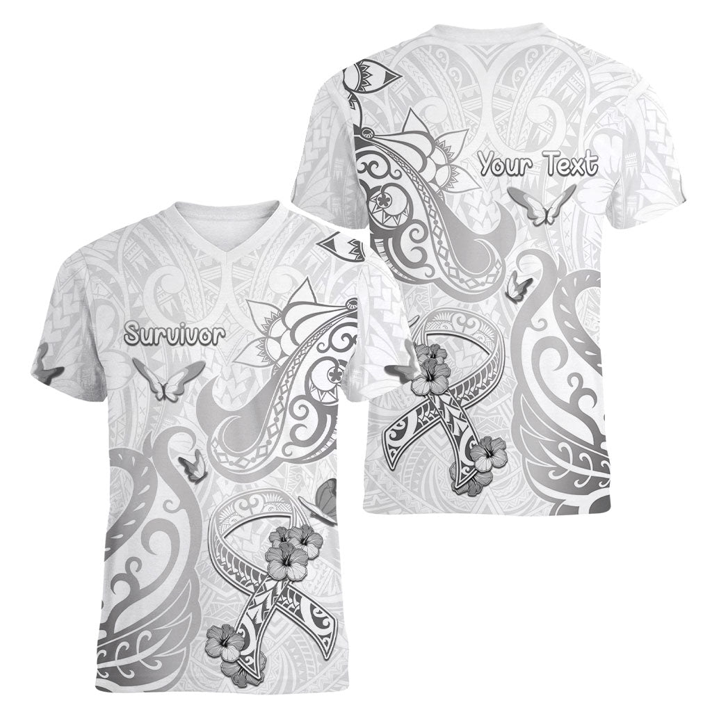 Personalised Brain Cancer Support Women V-Neck T-Shirt Ribbon Polynesian Pattern