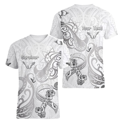 Personalised Brain Cancer Support Women V-Neck T-Shirt Ribbon Polynesian Pattern