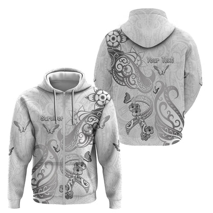 Personalised Brain Cancer Support Zip Hoodie Ribbon Polynesian Pattern