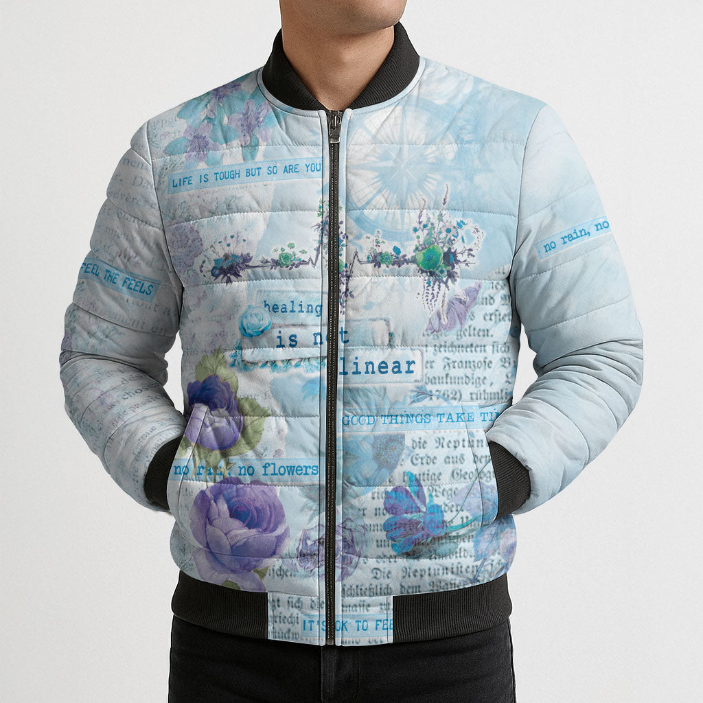 Mental Health Bomber Puffer Jacket Healing Is Not Linear