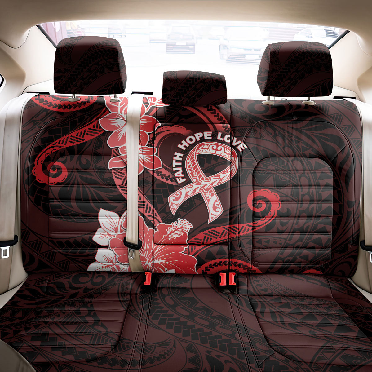 Heart Health Support Back Car Seat Cover Warrior Wears Red Polynesian Style