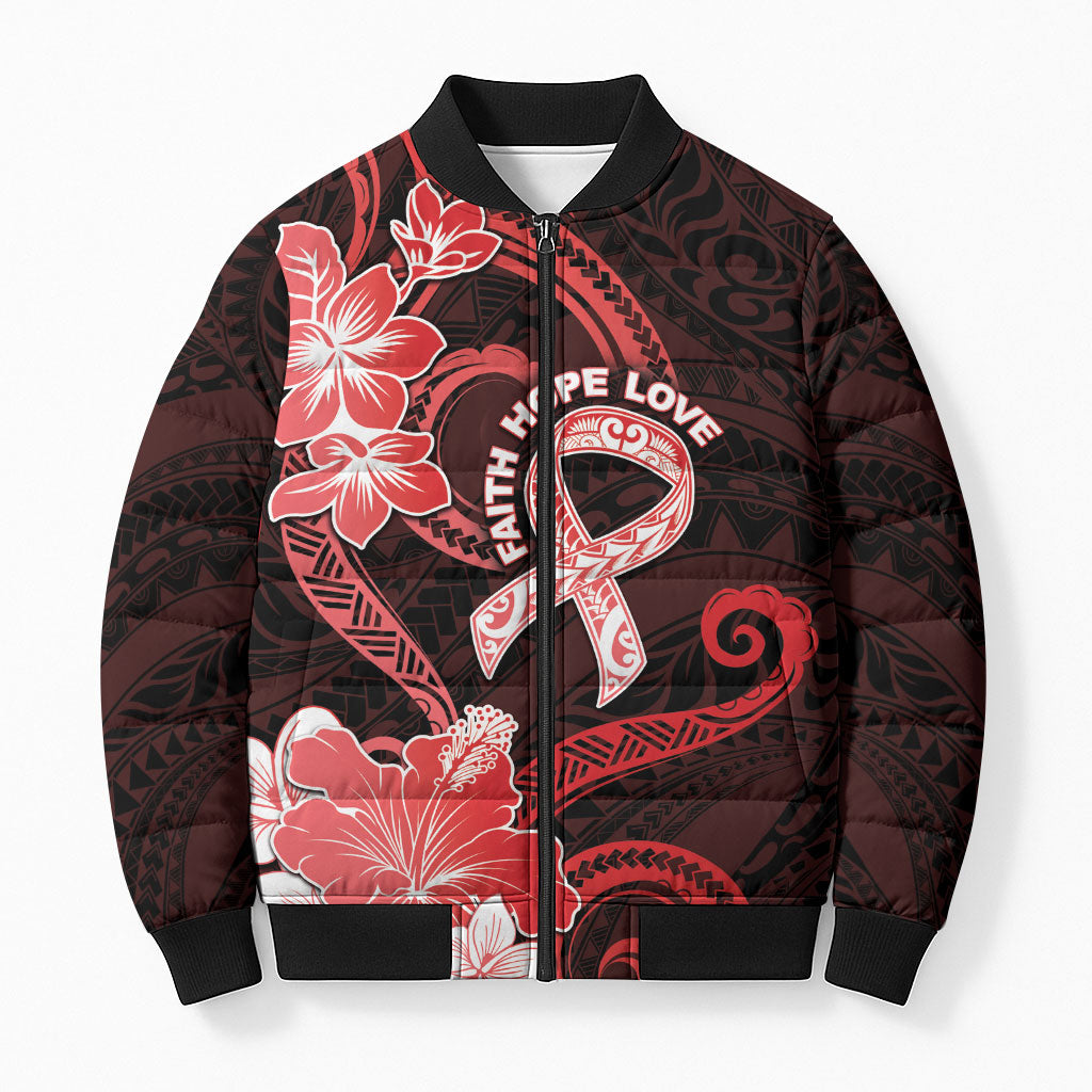 Heart Health Support Bomber Puffer Jacket Warrior Wears Red Polynesian Style