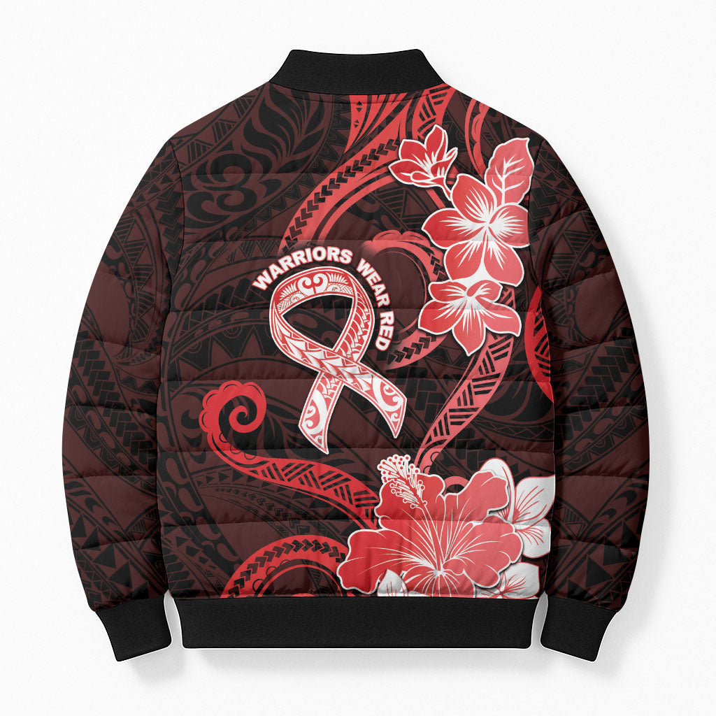 Heart Health Support Bomber Puffer Jacket Warrior Wears Red Polynesian Style