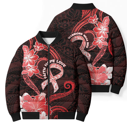 Heart Health Support Bomber Puffer Jacket Warrior Wears Red Polynesian Style