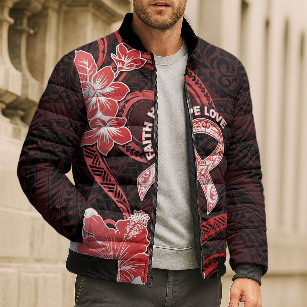 Heart Health Support Bomber Puffer Jacket Warrior Wears Red Polynesian Style