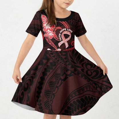 Heart Health Support Kid Short Sleeve Dress Warrior Wears Red Polynesian Style