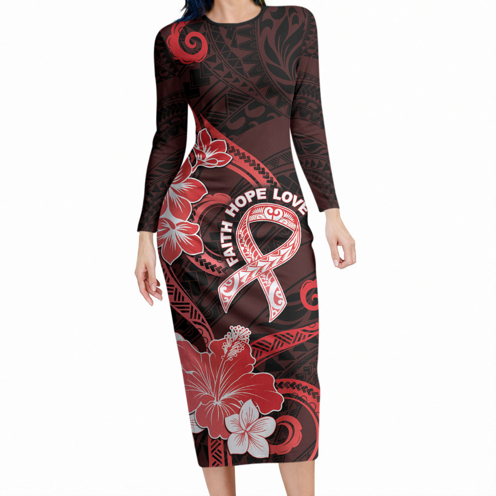 Heart Health Support Long Sleeve Bodycon Dress Warrior Wears Red Polynesian Style