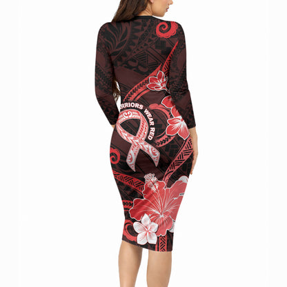 Heart Health Support Long Sleeve Bodycon Dress Warrior Wears Red Polynesian Style
