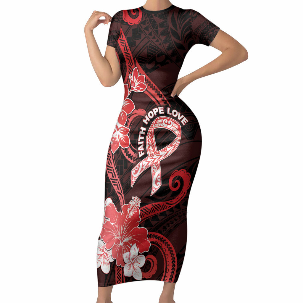 Heart Health Support Short Sleeve Bodycon Dress Warrior Wears Red Polynesian Style