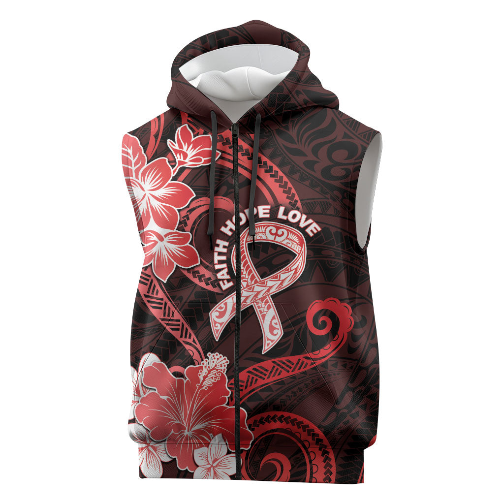 Heart Health Support Sleeveless Zip Hoodie Warrior Wears Red Polynesian Style