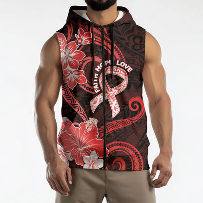 Heart Health Support Sleeveless Zip Hoodie Warrior Wears Red Polynesian Style
