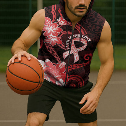 Heart Health Support Sleeveless Zip Hoodie Warrior Wears Red Polynesian Style
