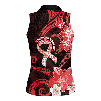 Heart Health Support Women Sleeveless Polo Shirt Warrior Wears Red Polynesian Style