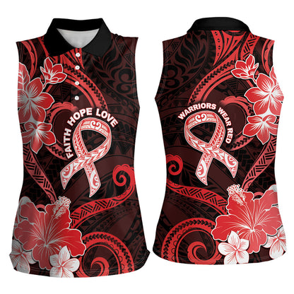 Heart Health Support Women Sleeveless Polo Shirt Warrior Wears Red Polynesian Style