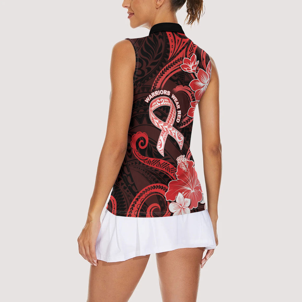 Heart Health Support Women Sleeveless Polo Shirt Warrior Wears Red Polynesian Style