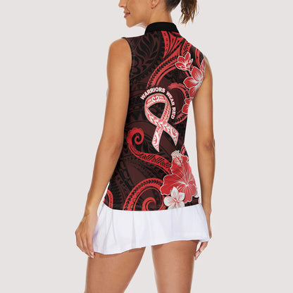 Heart Health Support Women Sleeveless Polo Shirt Warrior Wears Red Polynesian Style