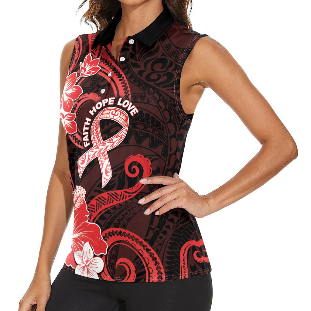 Heart Health Support Women Sleeveless Polo Shirt Warrior Wears Red Polynesian Style