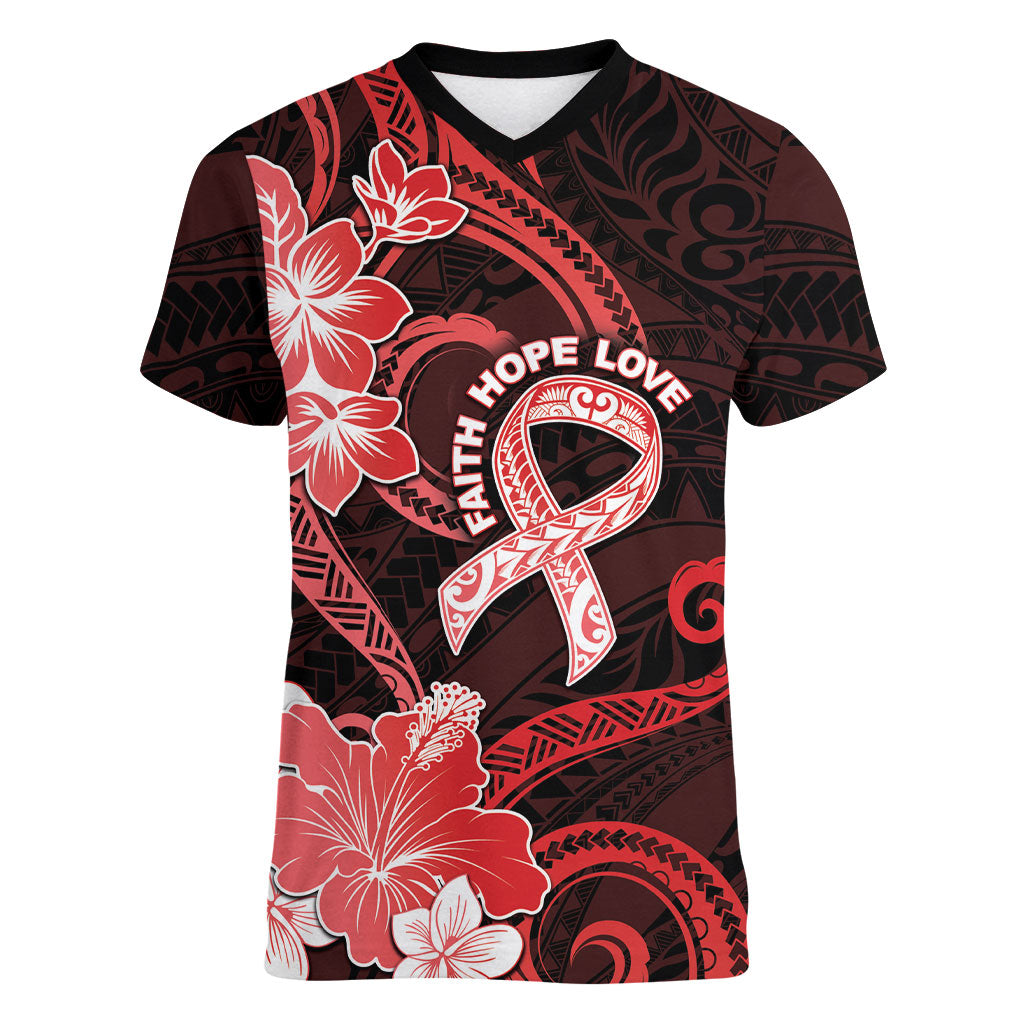 Heart Health Support Women V-Neck T-Shirt Warrior Wears Red Polynesian Style