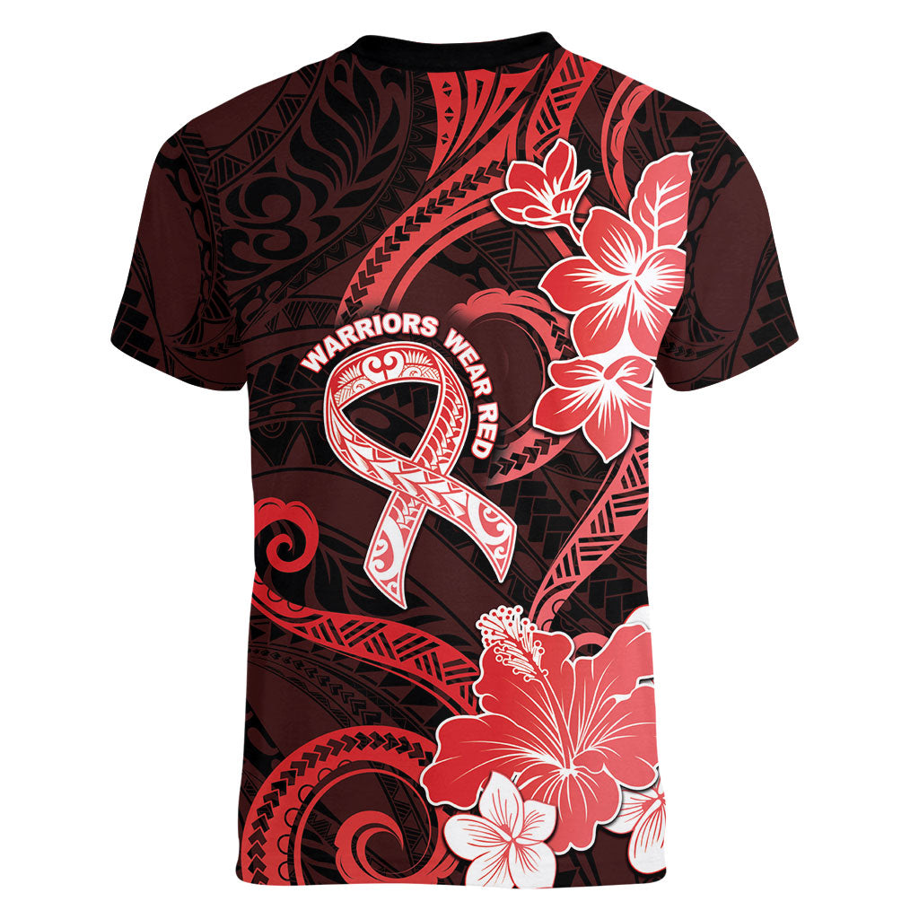 Heart Health Support Women V-Neck T-Shirt Warrior Wears Red Polynesian Style