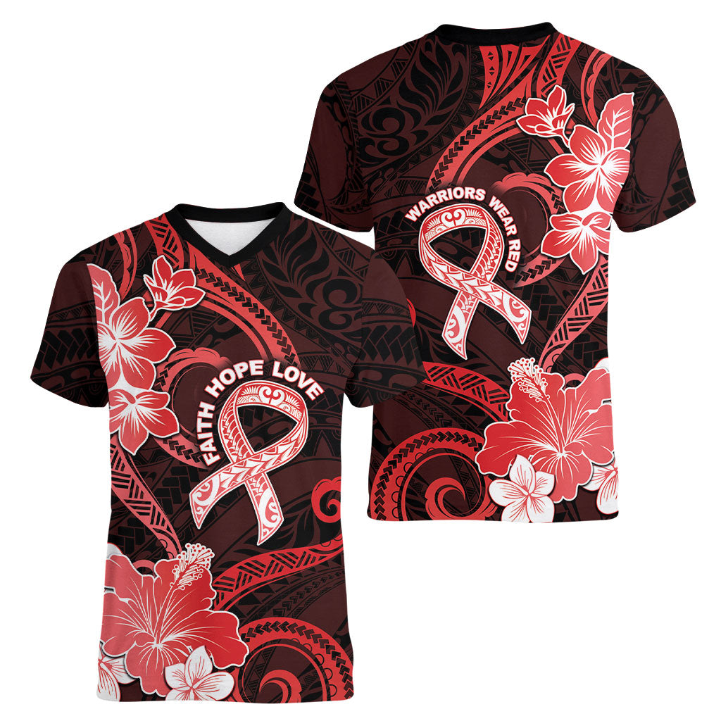 Heart Health Support Women V-Neck T-Shirt Warrior Wears Red Polynesian Style