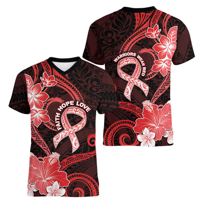 Heart Health Support Women V-Neck T-Shirt Warrior Wears Red Polynesian Style
