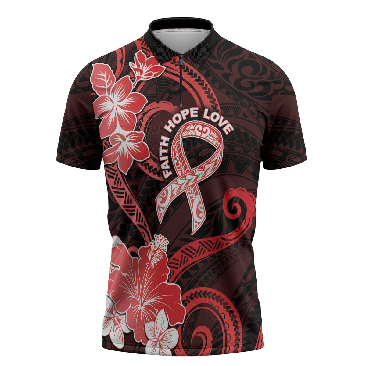 Heart Health Support Zipper Polo Shirt Warrior Wears Red Polynesian Style
