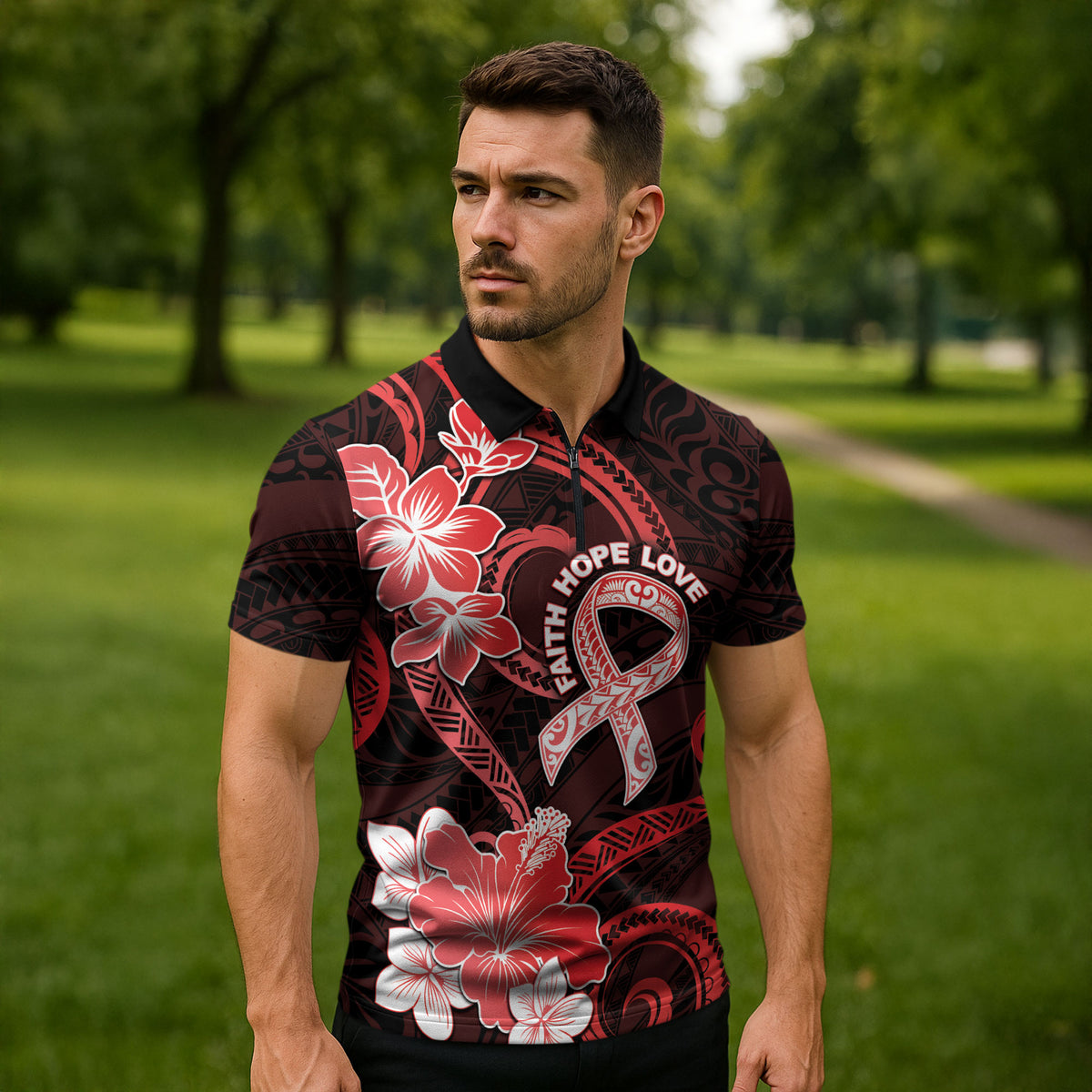 Heart Health Support Zipper Polo Shirt Warrior Wears Red Polynesian Style