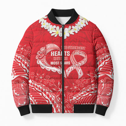 Heart Health Support Bomber Puffer Jacket Polynesian Red Ribbon