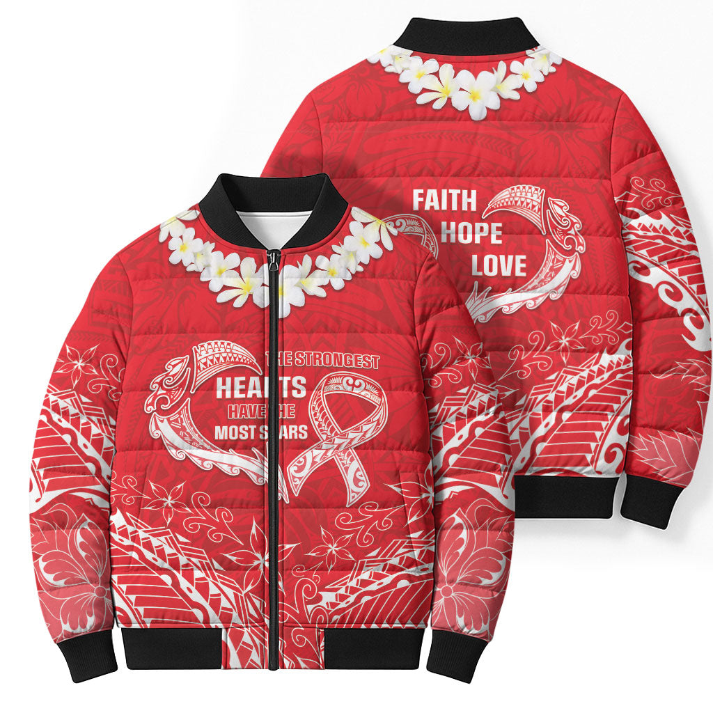 Heart Health Support Bomber Puffer Jacket Polynesian Red Ribbon