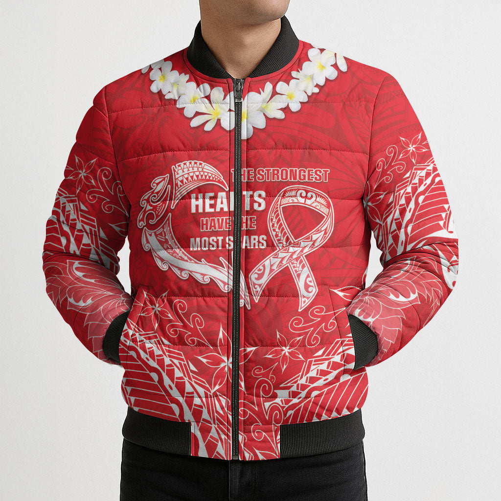 Heart Health Support Bomber Puffer Jacket Polynesian Red Ribbon
