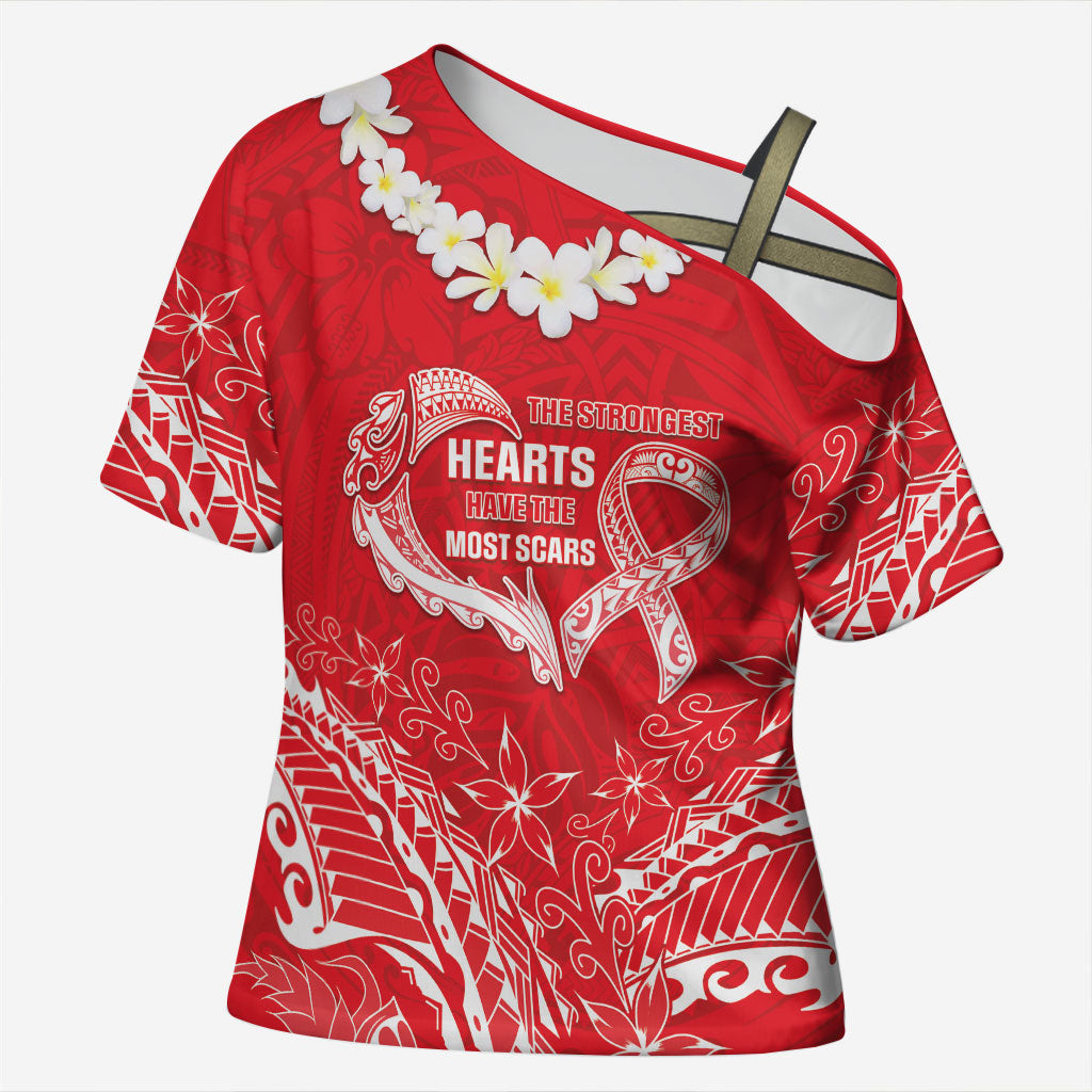 Heart Health Support Cross Shoulder Shirt Polynesian Red Ribbon