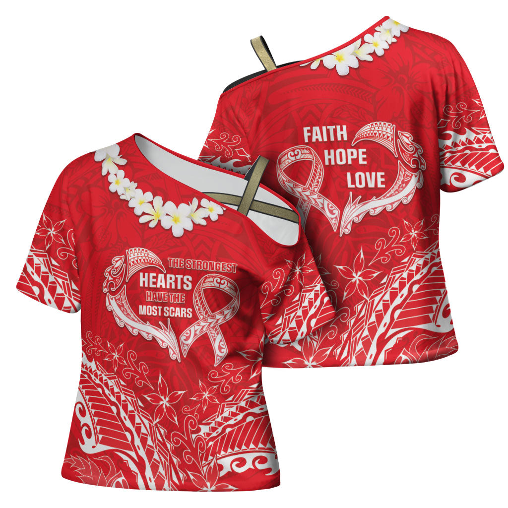 Heart Health Support Cross Shoulder Shirt Polynesian Red Ribbon
