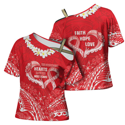 Heart Health Support Cross Shoulder Shirt Polynesian Red Ribbon