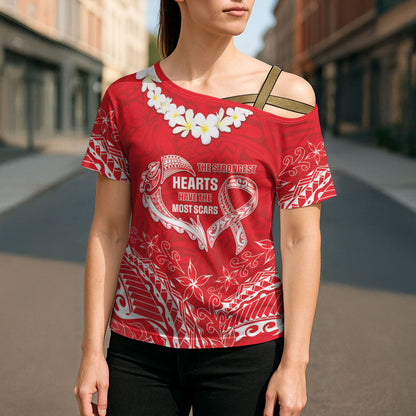 Heart Health Support Cross Shoulder Shirt Polynesian Red Ribbon