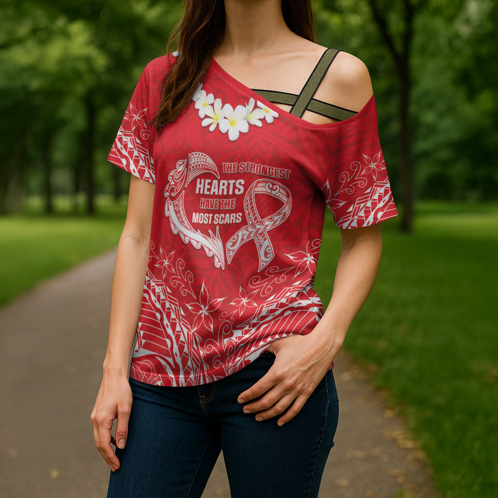 Heart Health Support Cross Shoulder Shirt Polynesian Red Ribbon