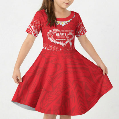Heart Health Support Kid Short Sleeve Dress Polynesian Red Ribbon