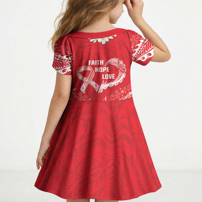 Heart Health Support Kid Short Sleeve Dress Polynesian Red Ribbon