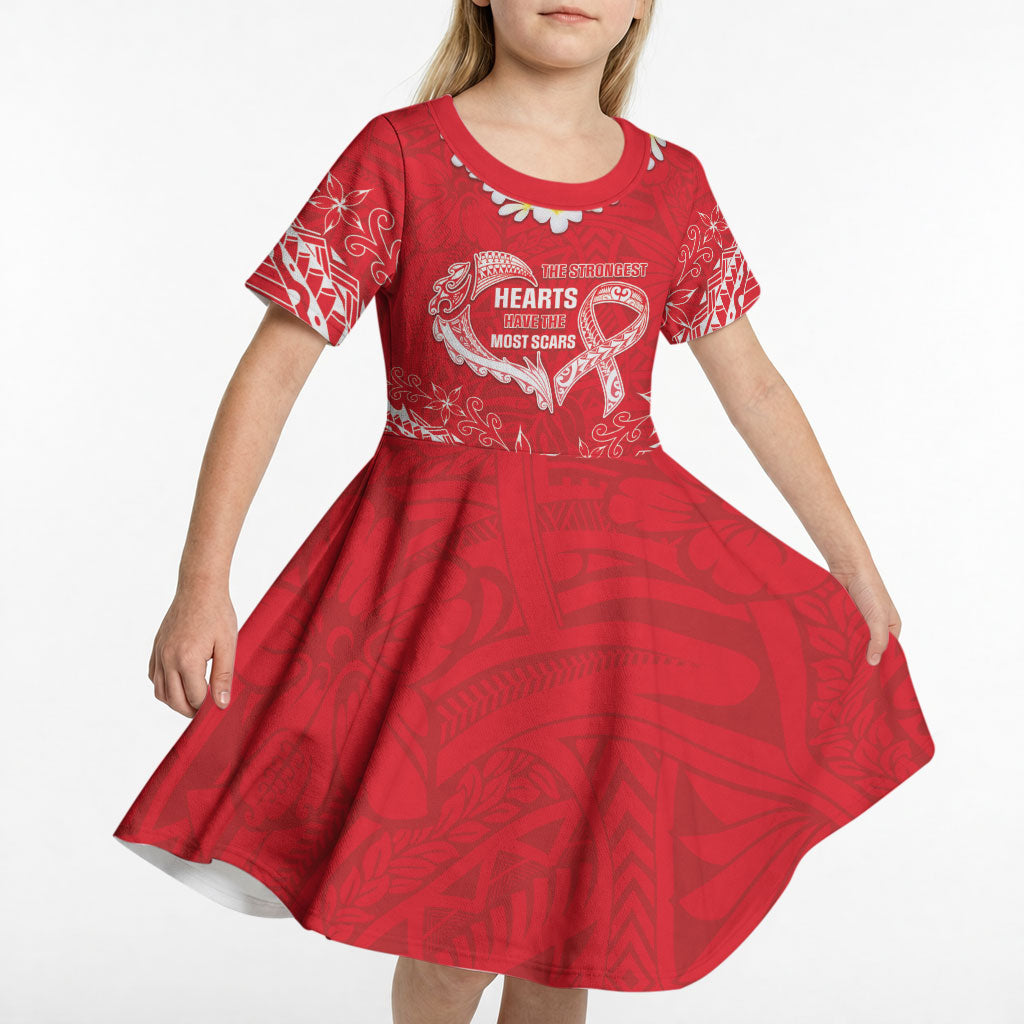 Heart Health Support Kid Short Sleeve Dress Polynesian Red Ribbon