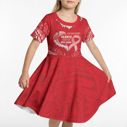 Heart Health Support Kid Short Sleeve Dress Polynesian Red Ribbon