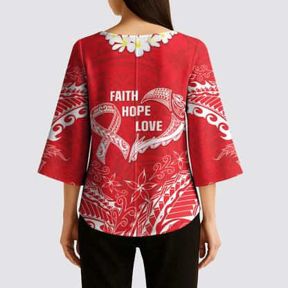 Heart Health Support Kimono Sleeve Blouse Polynesian Red Ribbon