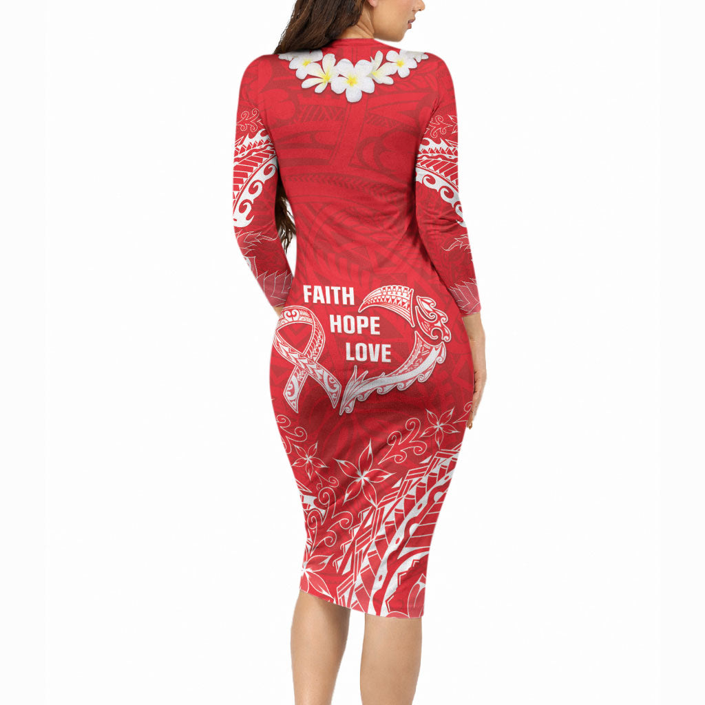 Heart Health Support Long Sleeve Bodycon Dress Polynesian Red Ribbon