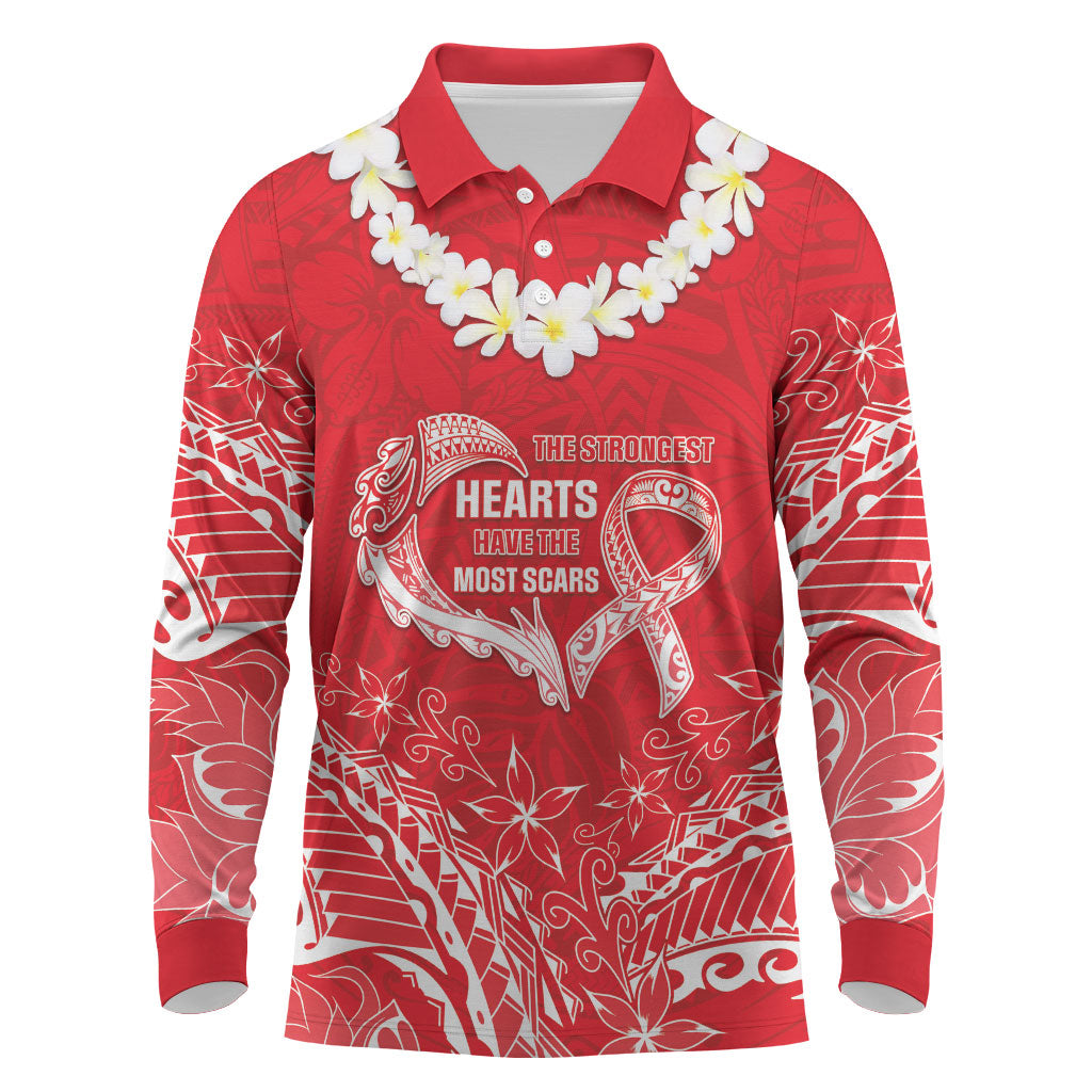 Heart Health Support Long Sleeve Polo Shirt Polynesian Red Ribbon
