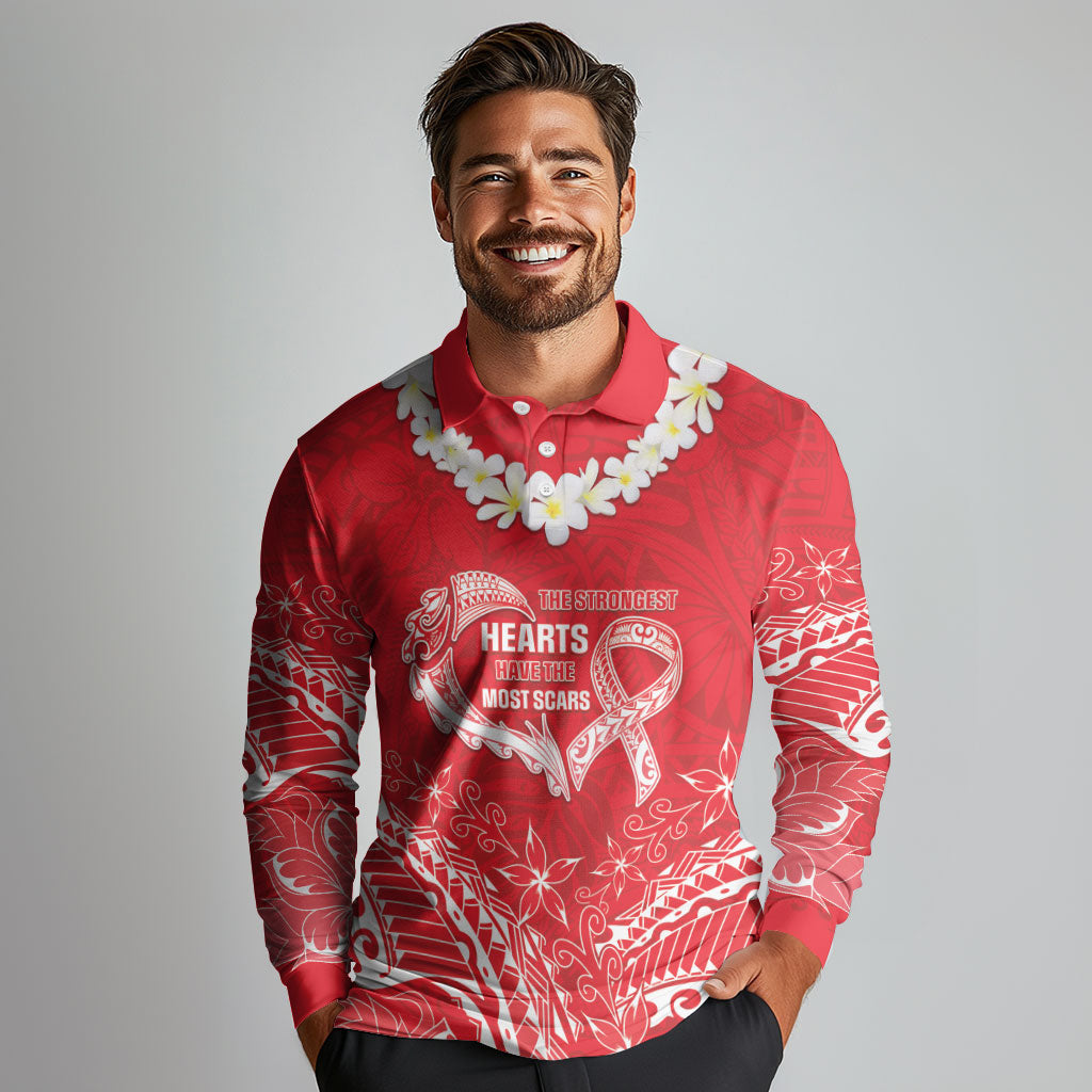 Heart Health Support Long Sleeve Polo Shirt Polynesian Red Ribbon