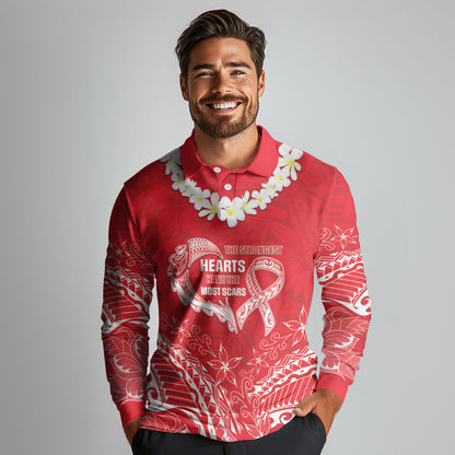 Heart Health Support Long Sleeve Polo Shirt Polynesian Red Ribbon