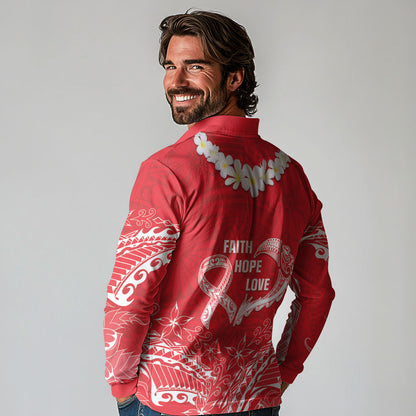 Heart Health Support Long Sleeve Polo Shirt Polynesian Red Ribbon