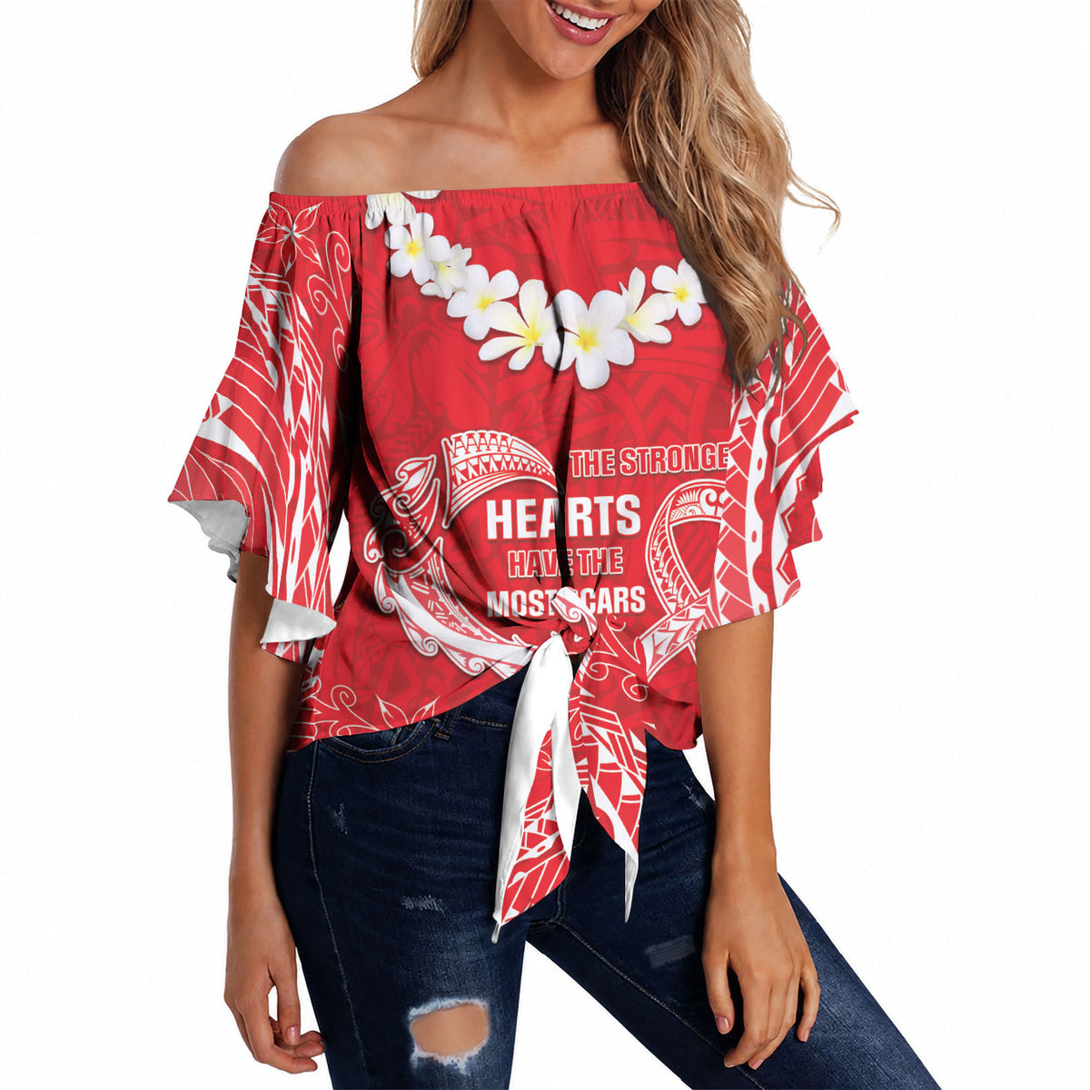 Heart Health Support Off Shoulder Wrap Waist Top Polynesian Red Ribbon