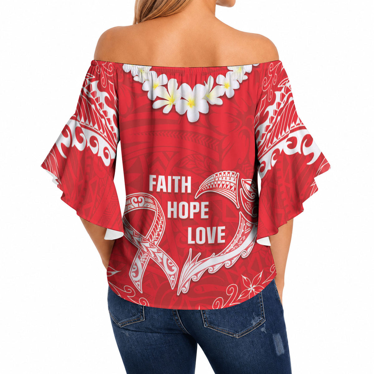 Heart Health Support Off Shoulder Wrap Waist Top Polynesian Red Ribbon